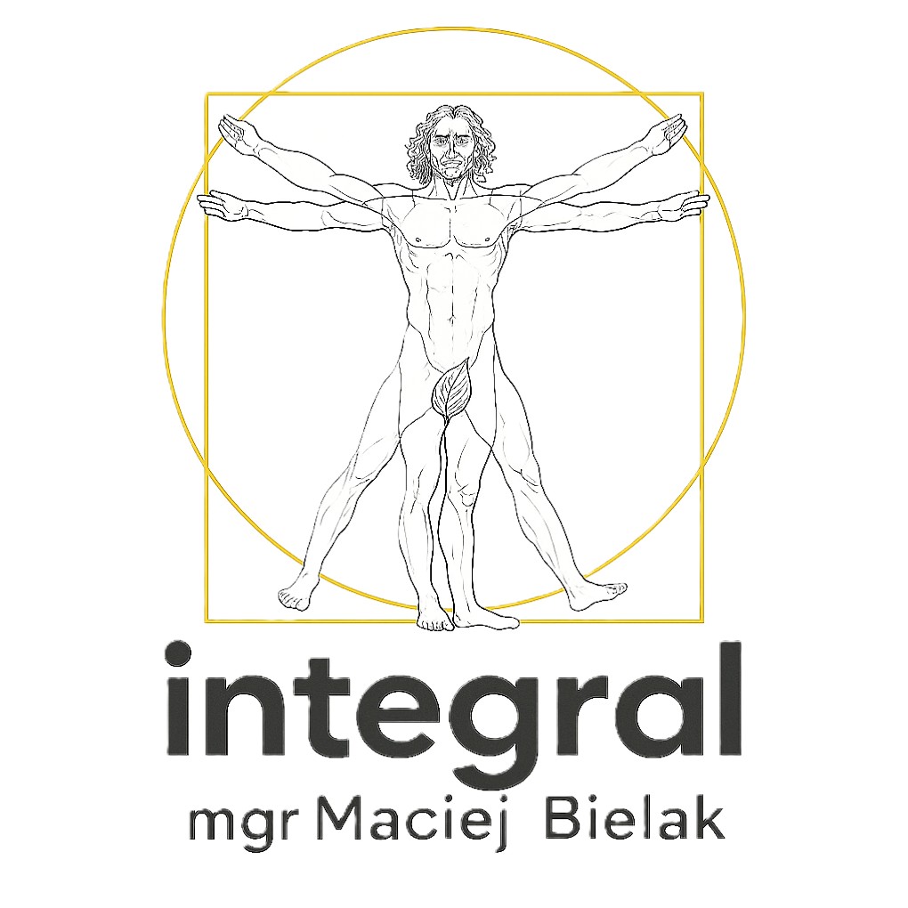 Logotyp identyczny jak w pliku 39.jpg, przedstawiający Człowieka Witruwiańskiego w złotym obramowaniu z napisem "integral mgr Maciej Bielak" poniżej. Postać mężczyzny na szkicu ma liść laurowy w miejscu intymnym.